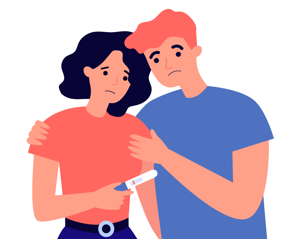 Sad couple holding pregnancy test with negative result