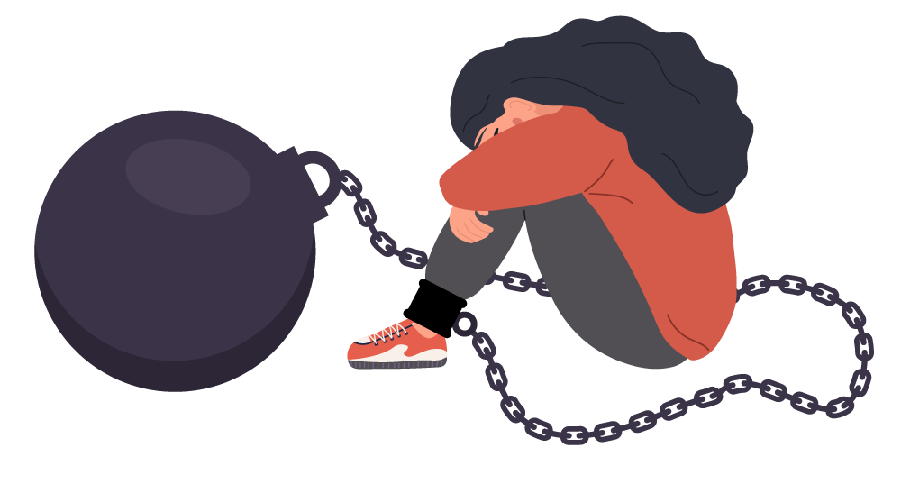 Sad woman with heavy wrecking ball suffering from negative self-narratives